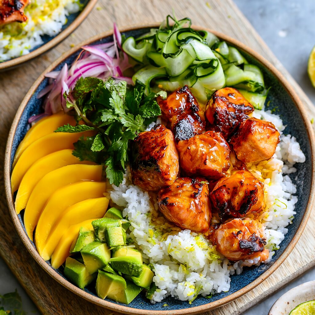 A vibrant salmon bowl topped with glistening hot honey, fresh greens, and a sprinkle of sesame seeds.