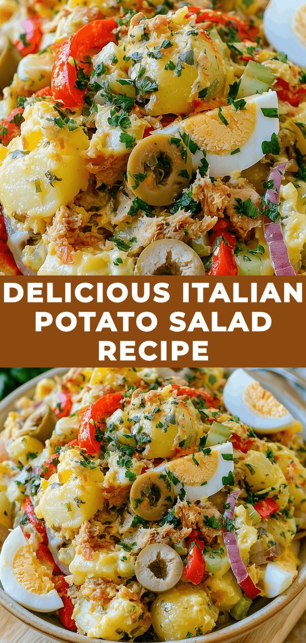 A vibrant bowl of Italian potato salad brimming with fresh herbs and olives.