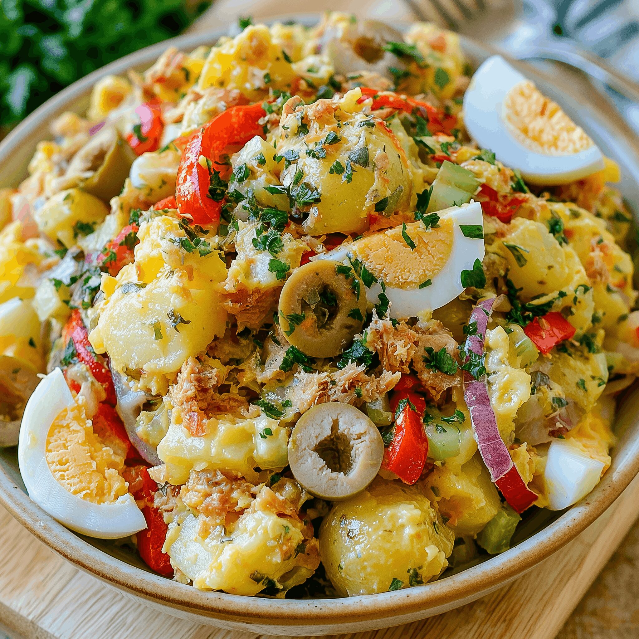 A vibrant bowl of Italian potato salad brimming with fresh herbs and drizzled with a zesty dressing.