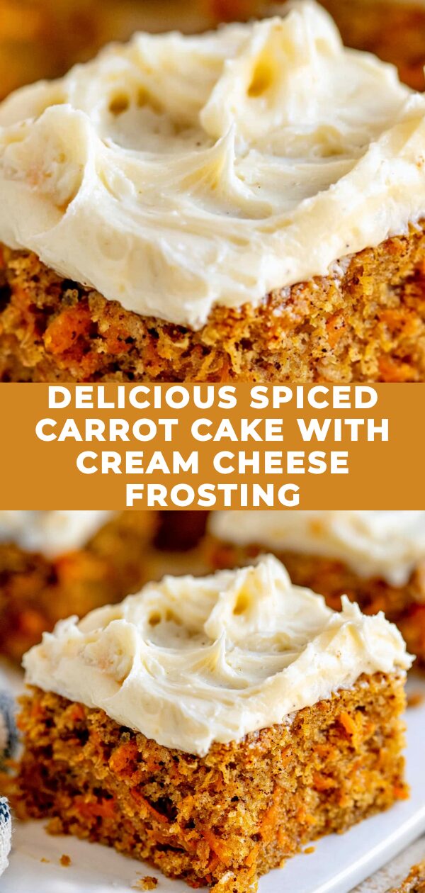A slice of moist carrot cake, generously frosted with rich cream cheese icing, displays visible spices and chopped nuts.
