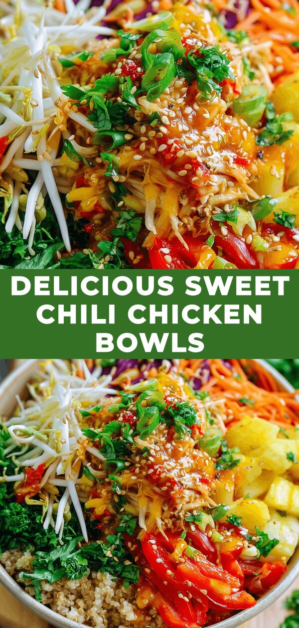 A vibrant bowl overflowing with tender chicken coated in sweet chili sauce, crisp vegetables, and fluffy rice.