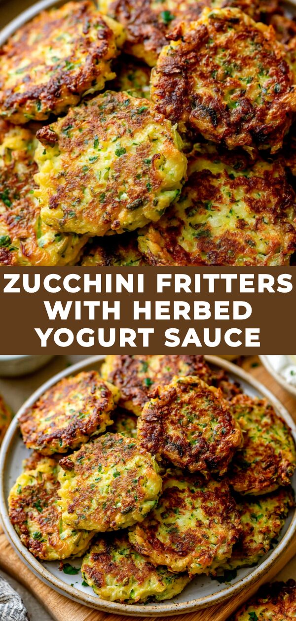 Golden zucchini fritters are served with a dollop of fresh, herbed yogurt sauce.