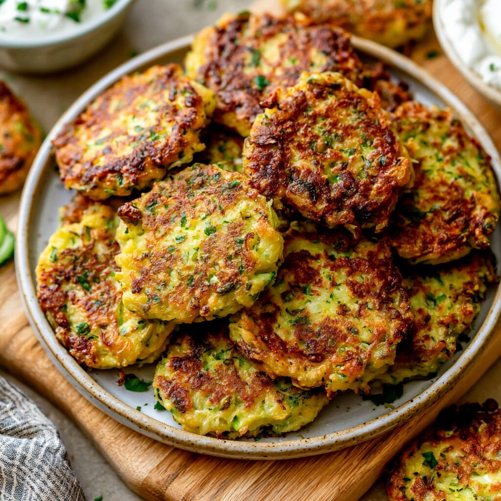 Golden fried zucchini fritters are served with a dollop of fresh, herbed yogurt sauce.