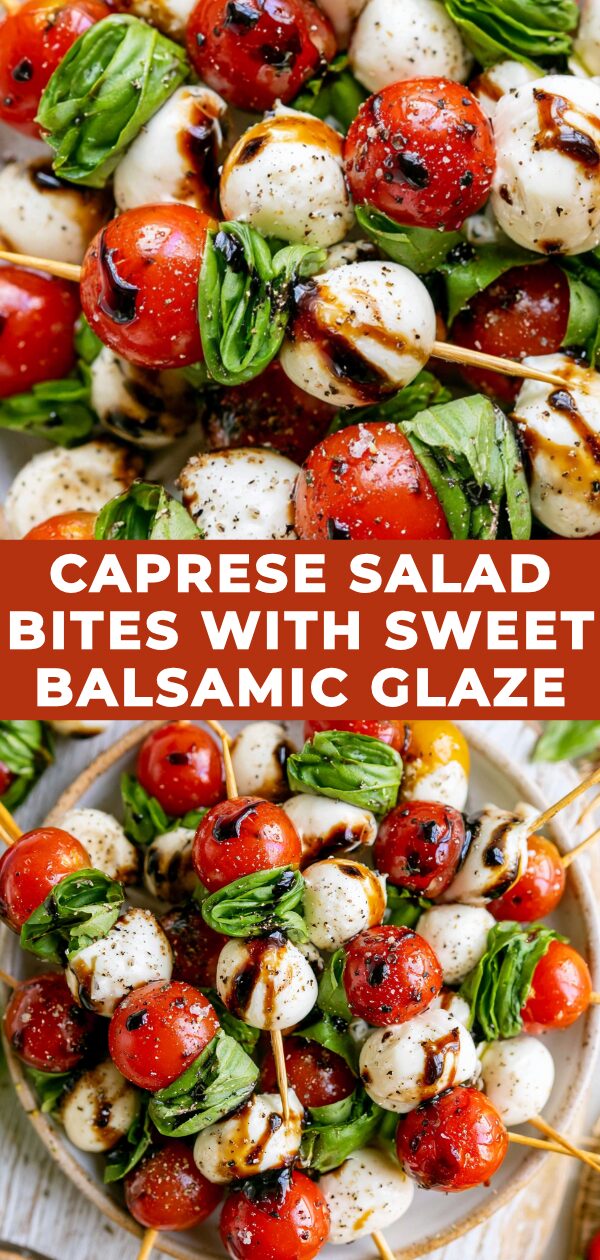 These cheerful Caprese bites are artfully arranged on a platter, drizzled with a glossy balsamic glaze.