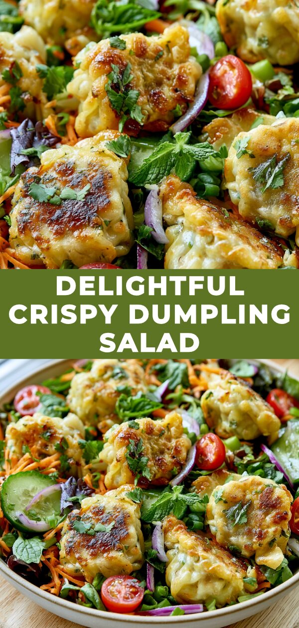 A vibrant salad bowl overflowing with fresh greens, colorful vegetables, and golden-brown crispy dumplings.