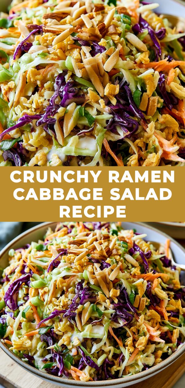 A vibrant bowl of ramen cabbage salad, featuring crispy noodles, shredded vegetables, and a creamy dressing, ready to be enjoyed.