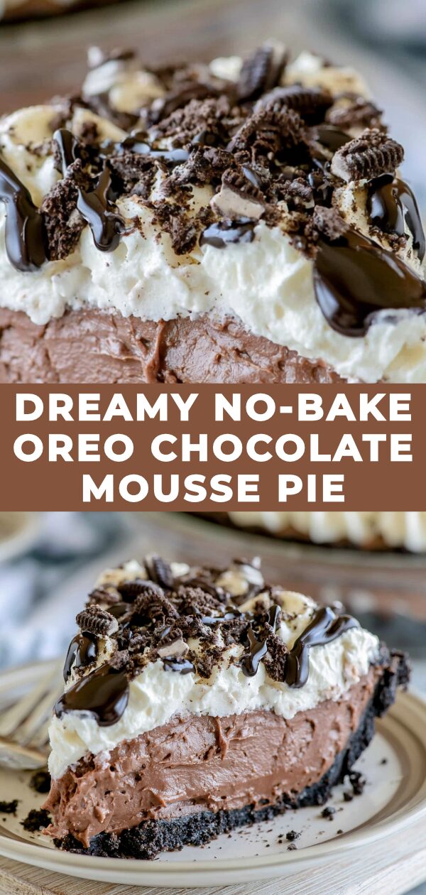 A luscious dark chocolate mousse filling topped with crumbled Oreos, nestled in a chocolate cookie crust.