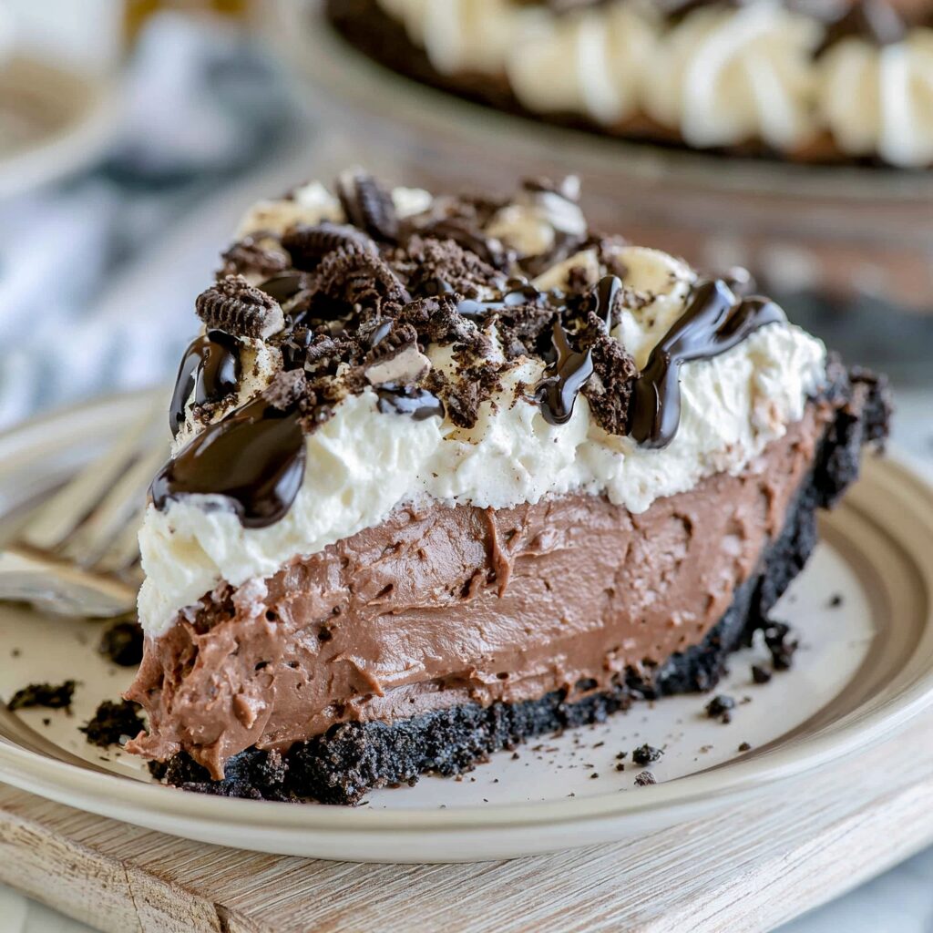 Decadent no-bake Oreo chocolate mousse pie with a creamy filling and cookie crust.