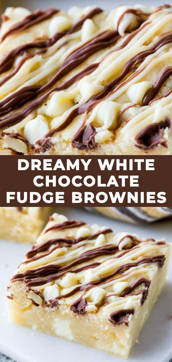 Decadent swirls of white chocolate adorn rich, fudgy brownie squares for an ethereal dessert experience.