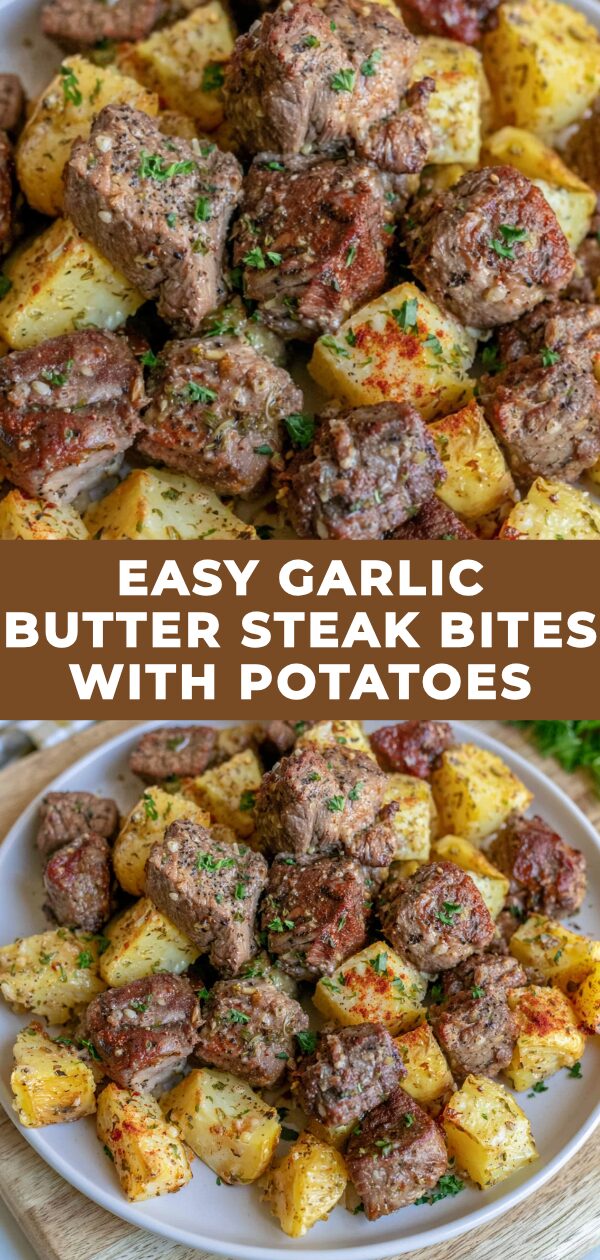 Tender steak bites glistening with garlic butter rest beside crispy, seasoned potatoes.