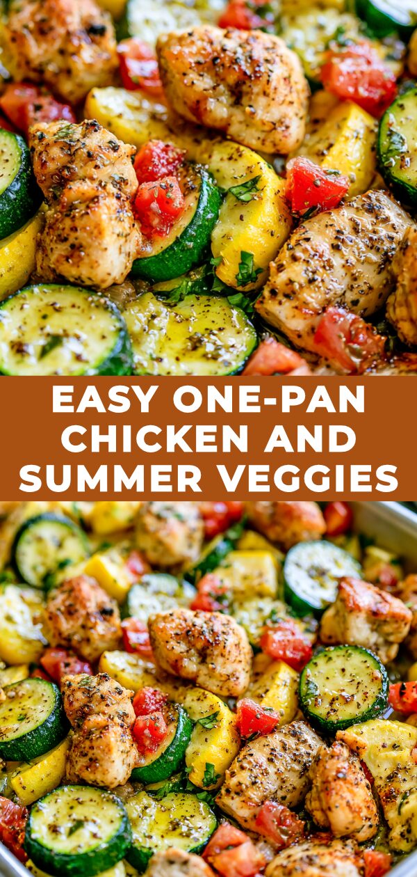 A colorful medley of roasted chicken and fresh summer vegetables is arranged invitingly on a single pan.