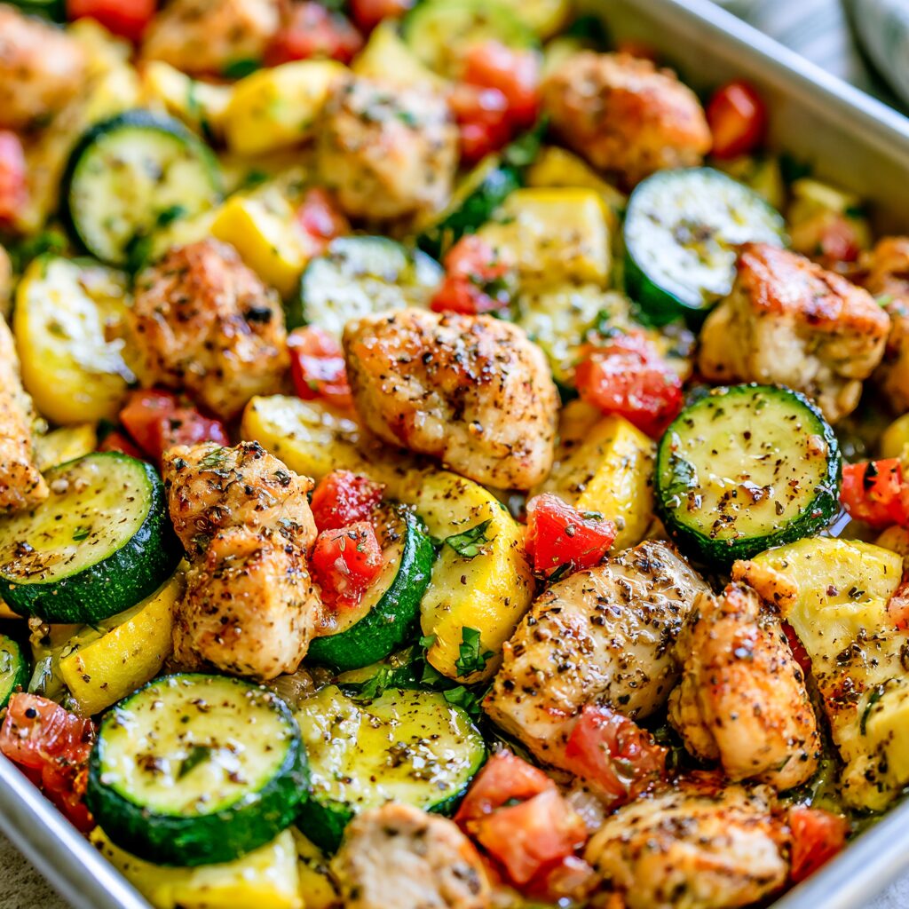 A colorful assortment of baked chicken pieces and vibrant summer vegetables rests together on a single cooking sheet.