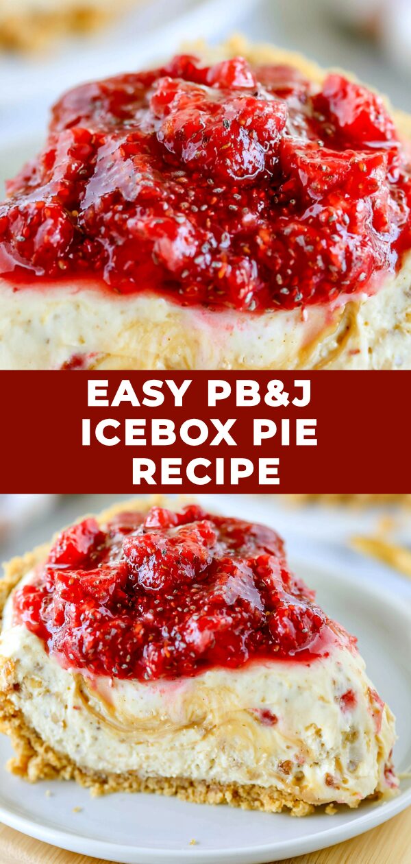 A slice of no-bake peanut butter and jelly icebox pie sits on a plate, showcasing its layered filling of creamy peanut butter and vibrant purple jelly.