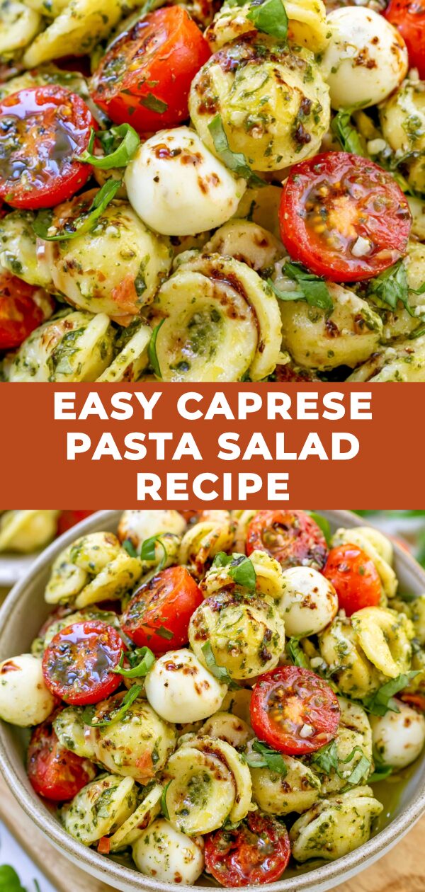 A vibrant pasta salad bursting with fresh mozzarella balls, cherry tomatoes, and basil, tossed with pasta and a balsamic glaze.