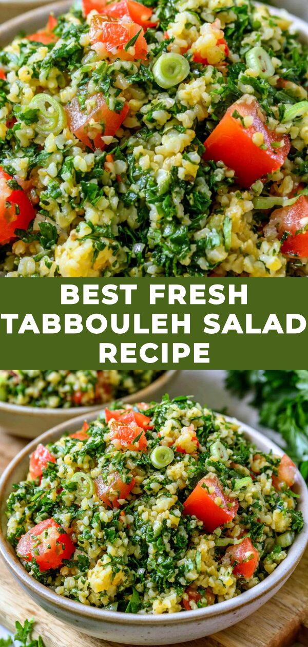 Vibrant green tabbouleh salad bursting with fresh parsley, tomatoes, and bulgur.