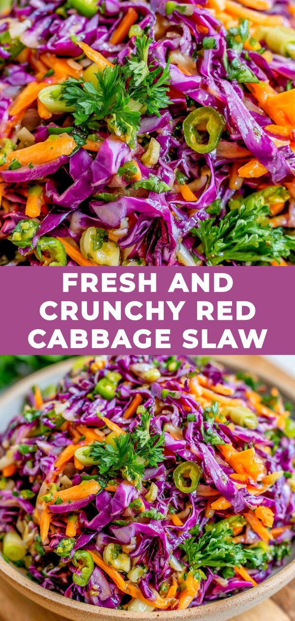 A bright mound of shredded red cabbage, carrots, and herbs sparkles in the sunlight.