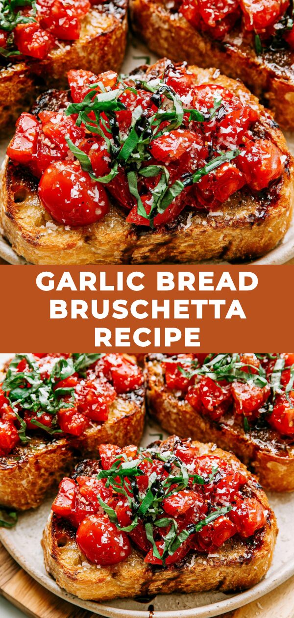 Golden brown, toasted baguette slices topped with vibrant tomato and herb mixture, ready to be drizzled with garlic-infused olive oil.