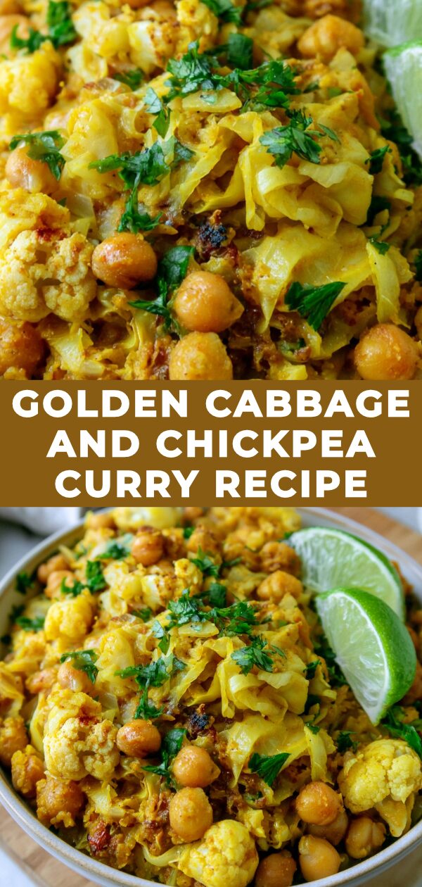 A hearty bowl of golden cabbage and chickpea curry, seasoned with warming spices.