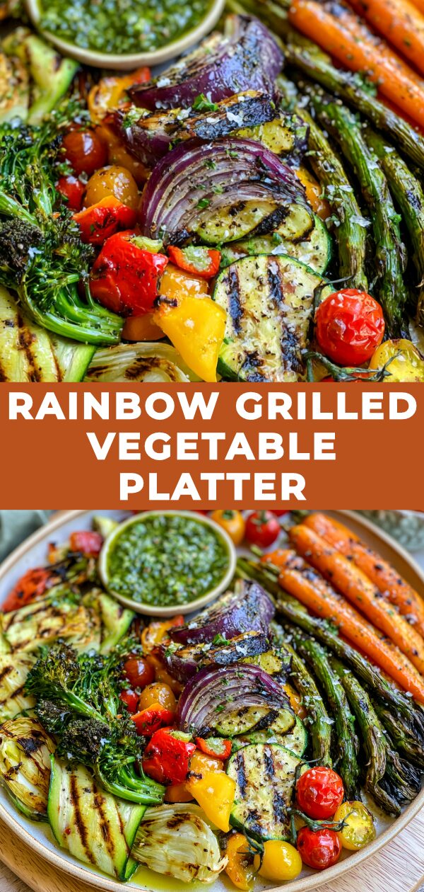 A vibrant platter showcases a colorful arrangement of grilled vegetables, including red bell peppers, zucchini, and asparagus, seasoned and lightly charred.