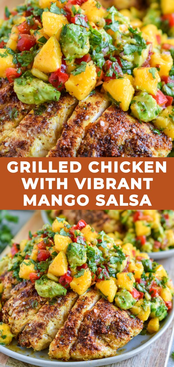 Image 2: Juicy grilled chicken breast crowned with a bright, tropical mango salsa bursting with color.