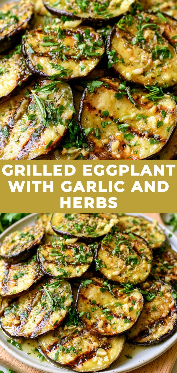 A rustic dish of grilled eggplant slices seasoned with garlic and fresh herbs sits on a platter.