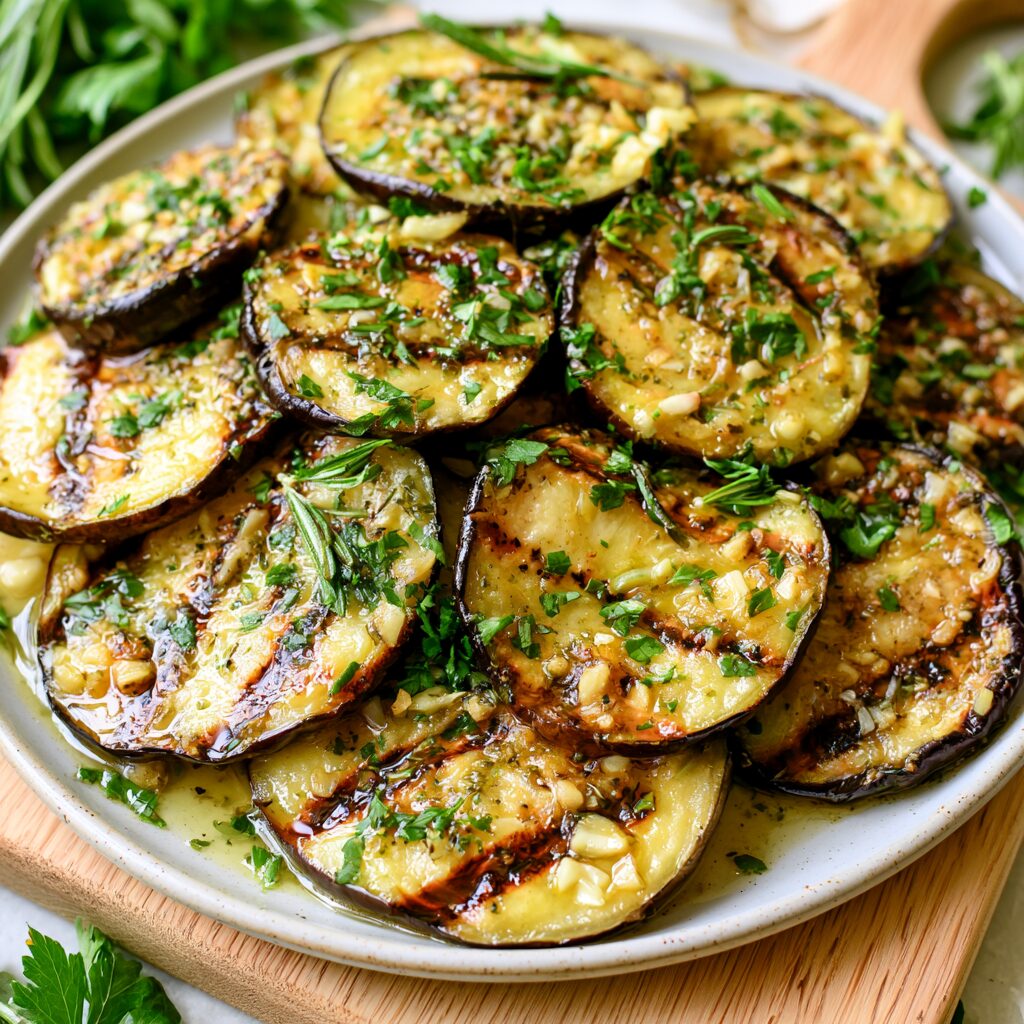 A rustic presentation of thick, grilled eggplant slices glistening with olive oil and adorned with vibrant green herbs and minced garlic.