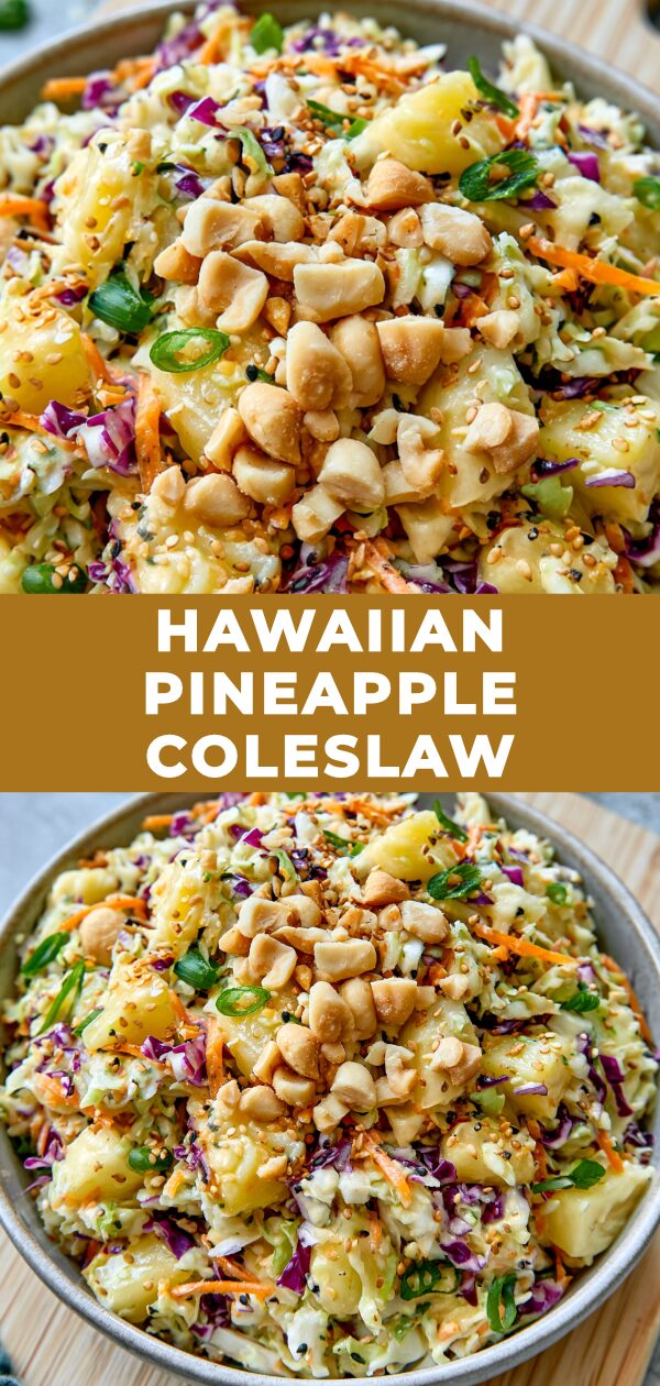 A vibrant bowl of Hawaiian pineapple coleslaw overflowing with shredded cabbage, pineapple chunks, and cilantro.