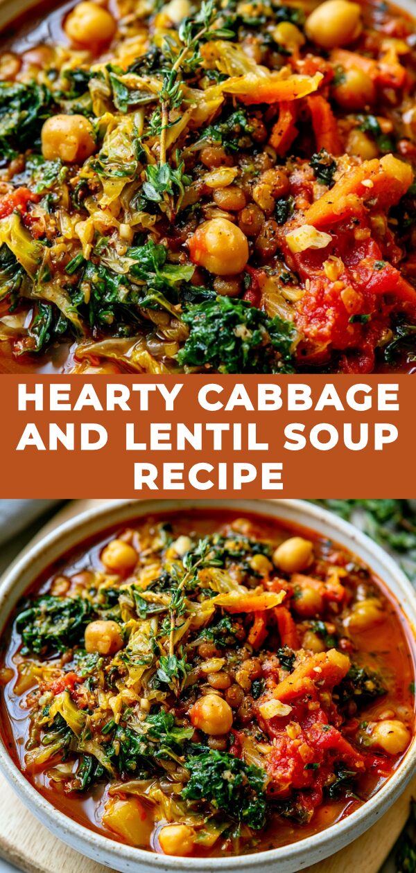 A steaming bowl of rustic cabbage and lentil soup, brimming with vegetables and protein.