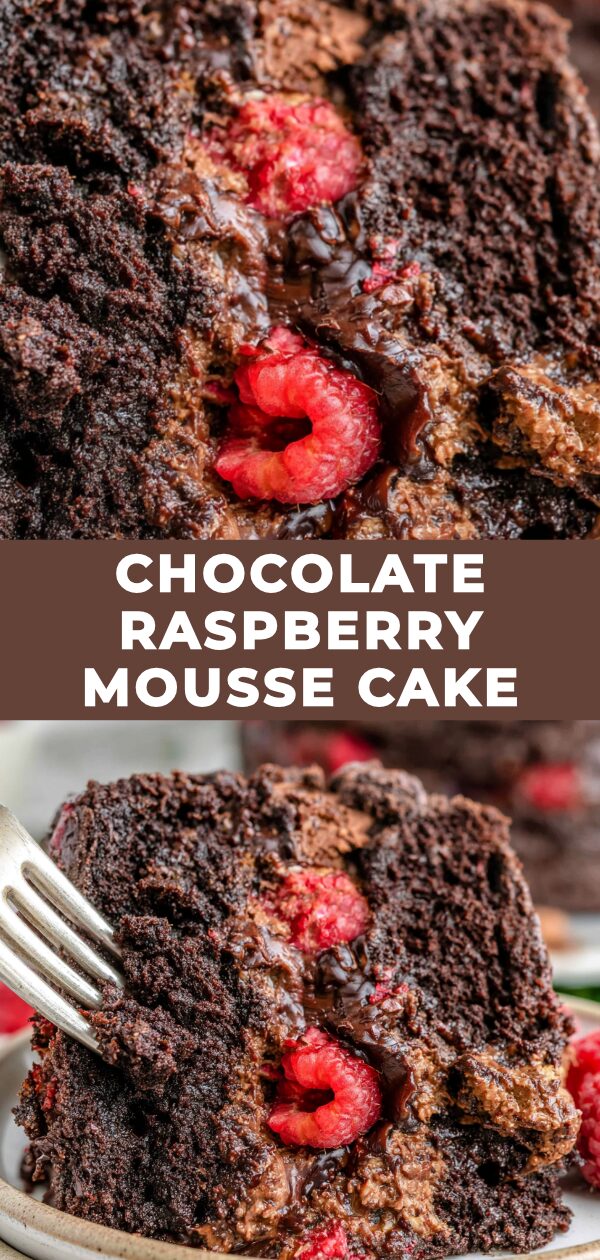 A rich chocolate raspberry mousse cake, adorned with fresh berries and delicate chocolate shavings.