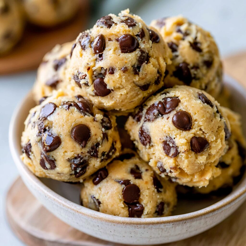 A swirl of rich, chocolate-chip-studded protein cookie dough beckons with its creamy texture.