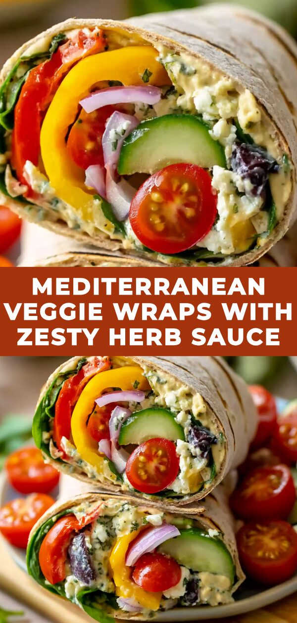 Freshly prepared Mediterranean veggie wraps overflowing with colorful vegetables and drizzled with a vibrant, zesty herb sauce.