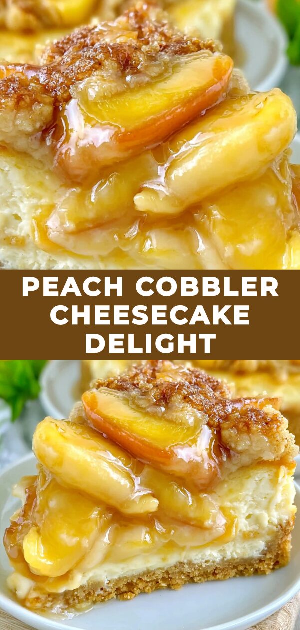 A rich, creamy cheesecake swirled with sweet peach compote, topped with a golden, buttery crumble.