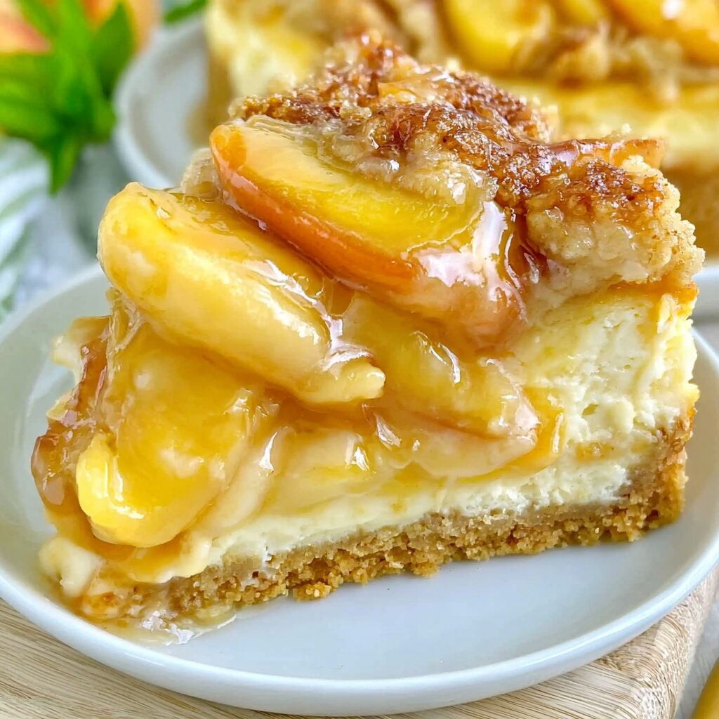A slice of peach cobbler swirled with cheesecake, topped with peaches and a dollop of whipped cream.