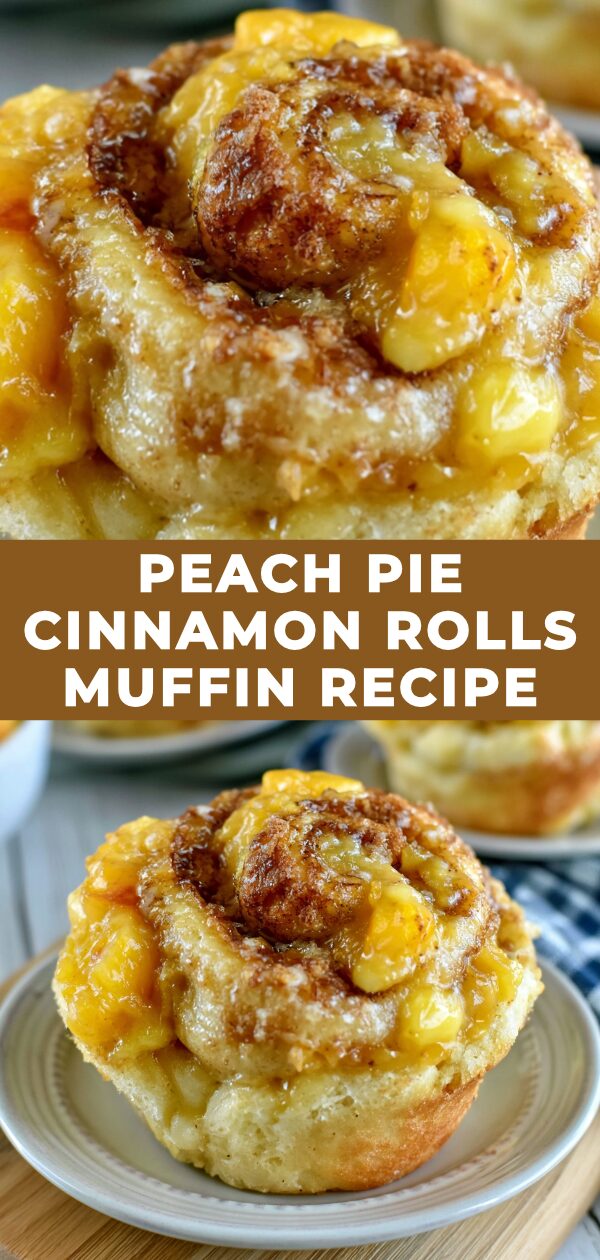 A swirl of cinnamon-sugar peach pie filling is baked into fluffy muffin tops.