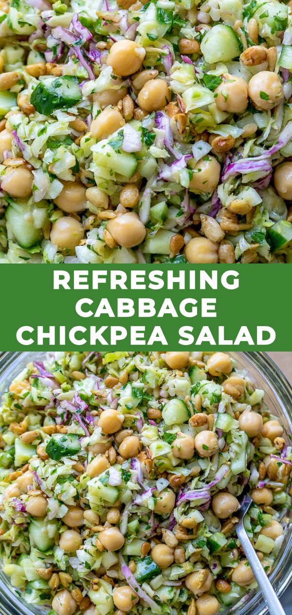 A vibrant salad featuring shredded cabbage and chickpeas, tossed with lemon and herbs, offering a crisp and healthy meal.