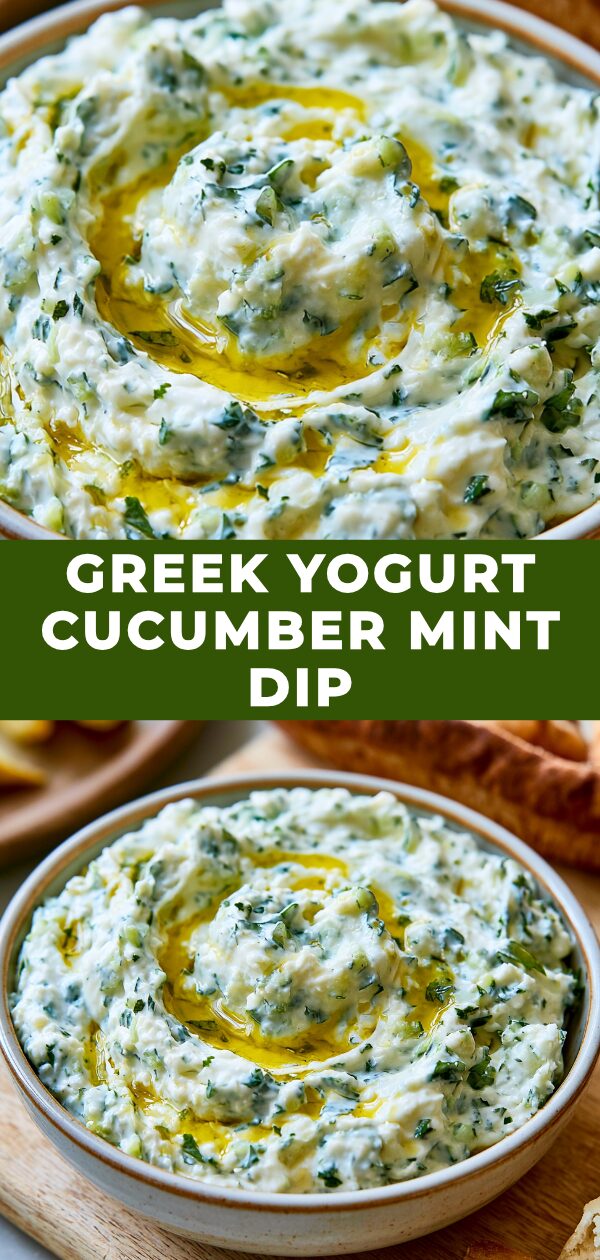 A vibrant Greek yogurt dip generously studded with finely diced cucumber and fresh mint leaves, ready for scooping.