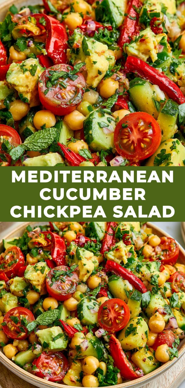A vibrant salad featuring crisp cucumber, tender chickpeas, and fresh herbs, evoking the bright flavors of the Mediterranean.