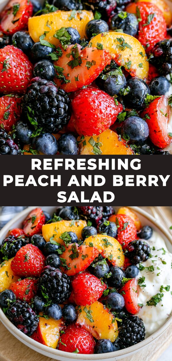 A vibrant salad overflows with juicy peach slices, plump berries, and fresh greens, promising a burst of summer flavor.