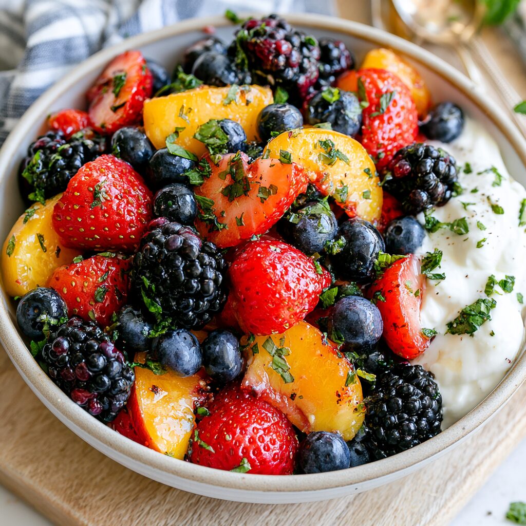 Vibrant salad featuring sliced peaches, mixed berries, and a light, delicate dressing.