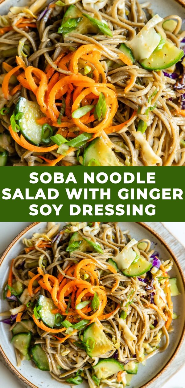 A chilled soba noodle salad tossed with vibrant vegetables and drizzled with a zesty ginger soy dressing, presented in a bowl.