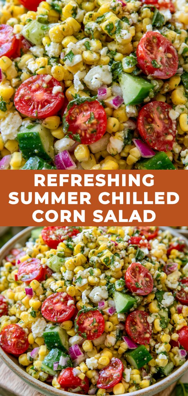 A vibrant bowl overflowing with sweet corn, crisp vegetables, and a creamy dressing, perfect for a summer meal.