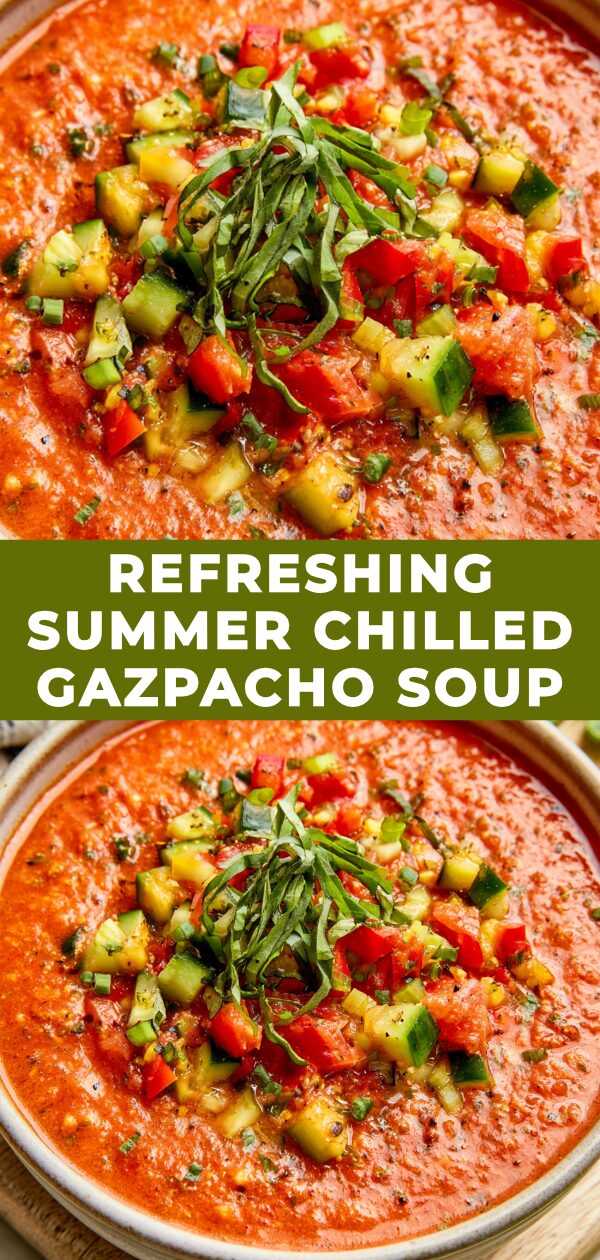 A vibrant bowl of chilled gazpacho soup, garnished with fresh herbs and diced vegetables, evokes cool summer refreshment.