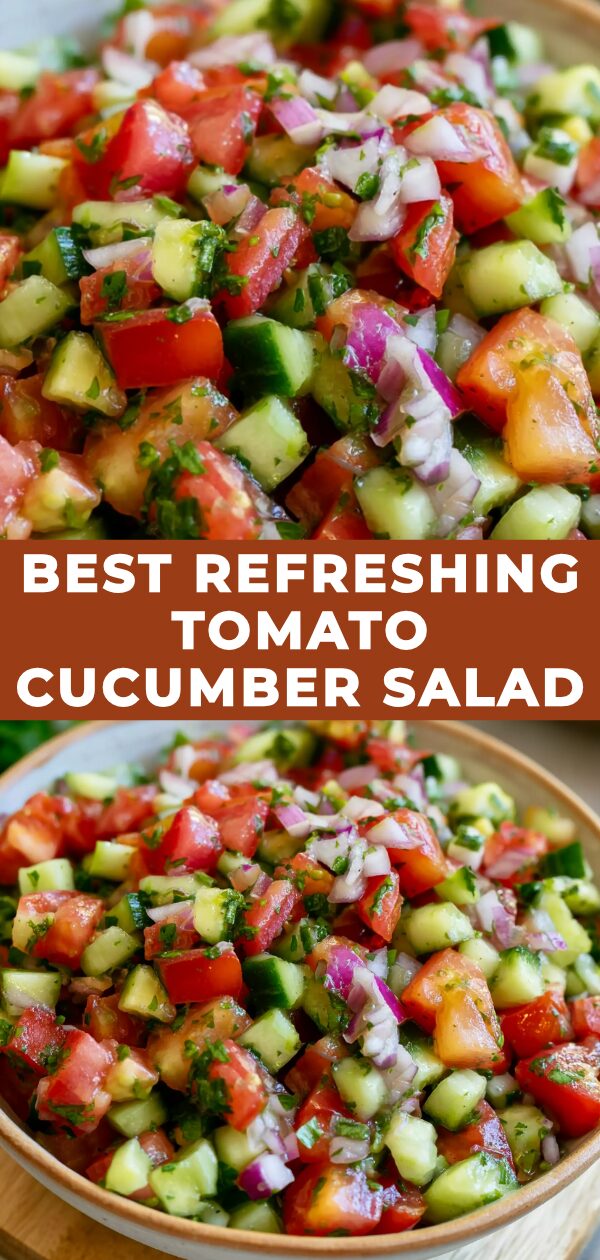 A vibrant tomato and cucumber salad bursts with fresh herbs and a light vinaigrette.