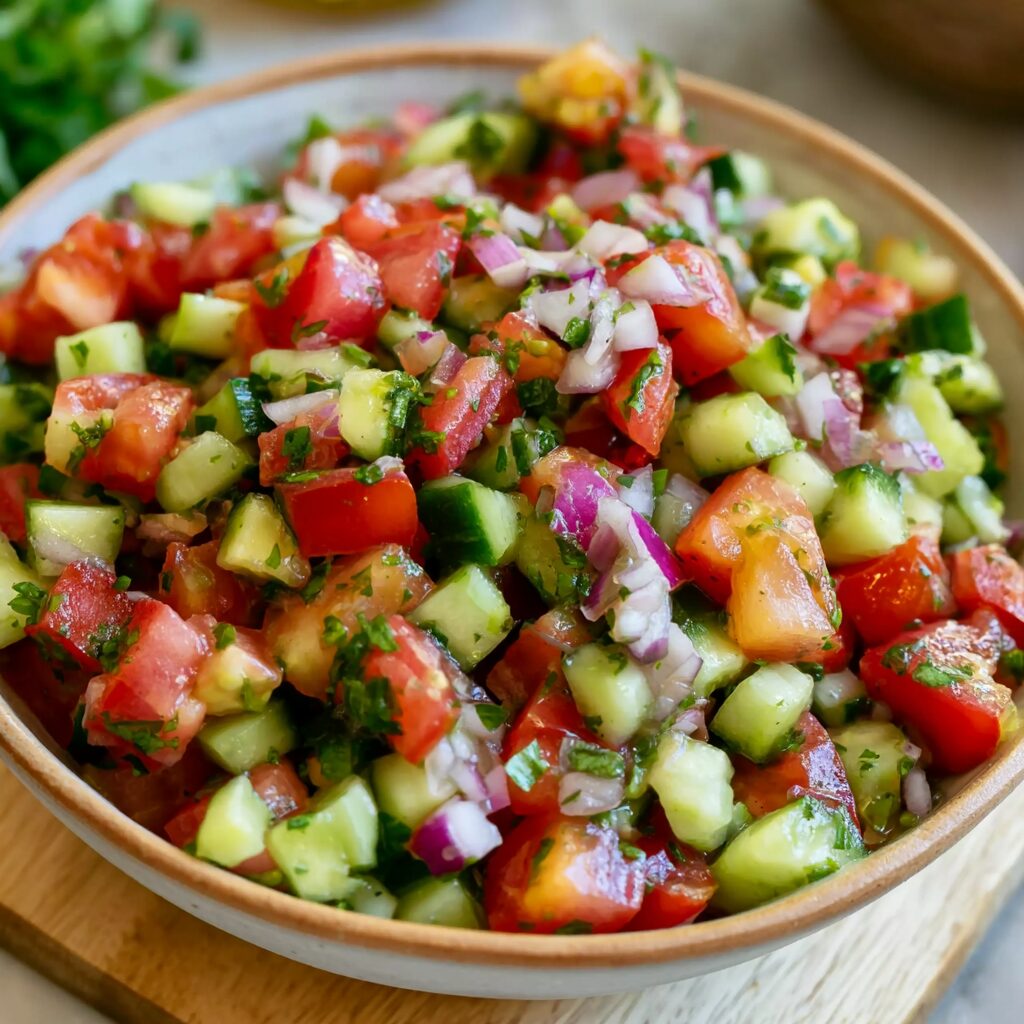 A vibrant salad of diced tomatoes, cucumbers, and herbs glistening with dressing.