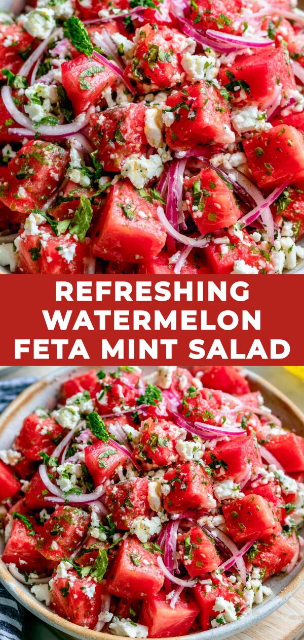 A vibrant salad combines sweet watermelon, salty feta, and fresh mint, perfect for a summer day.