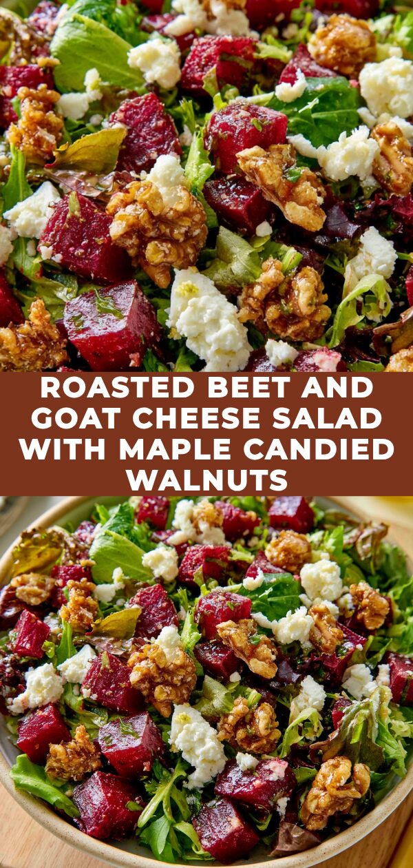 Vibrant roasted beet salad featuring creamy goat cheese and sweet maple candied walnuts.