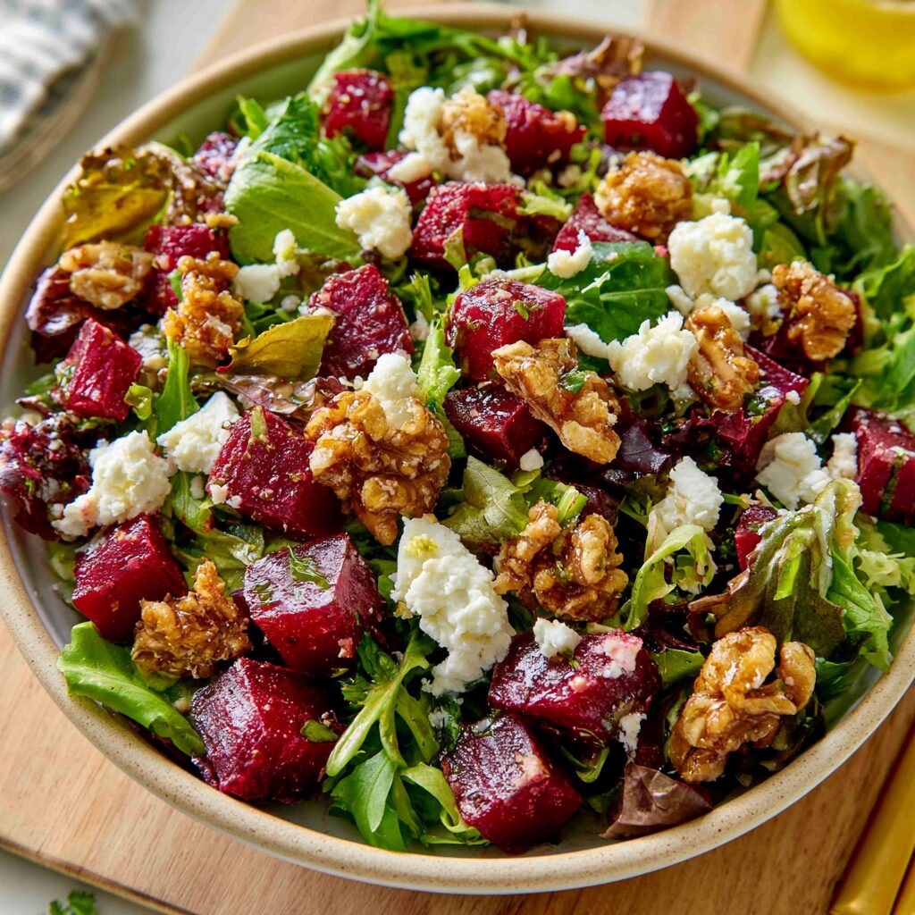 Vibrant roasted beets and creamy goat cheese are tossed with peppery greens and candied walnuts, drizzled with a light vinaigrette.