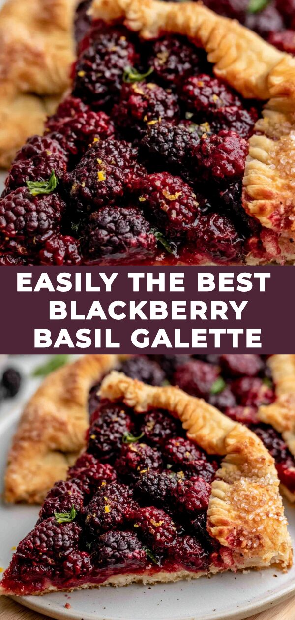 A golden-brown galette filled with dark blackberries and green basil leaves, showcasing its rustic, freeform pastry.