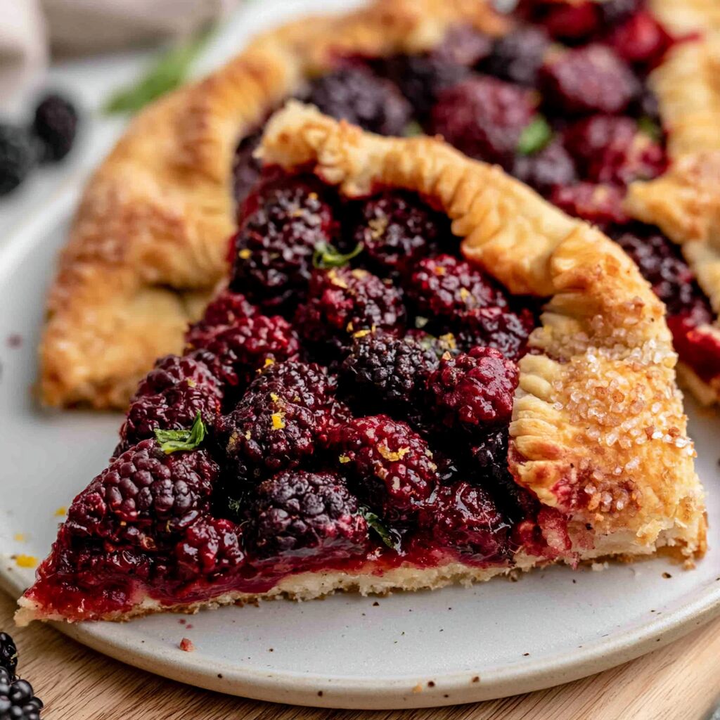 A free-form blackberry and basil tart with a flaky, golden-brown crust, dusted with sugar.