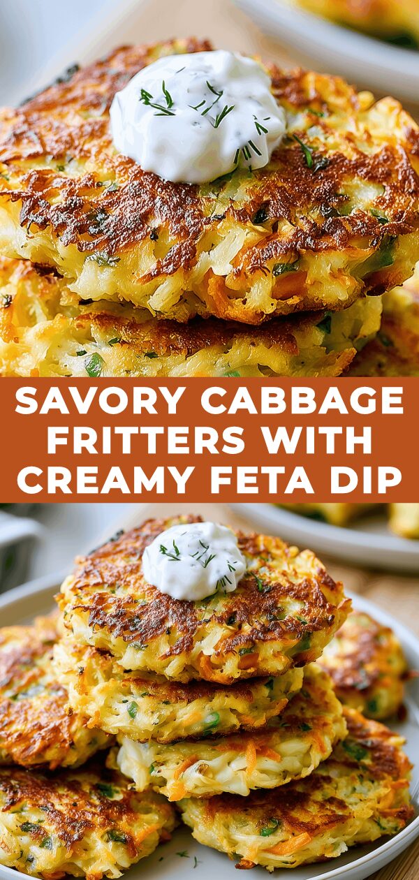 Golden, crispy cabbage fritters are served with a generous dollop of cooling feta cheese dip.